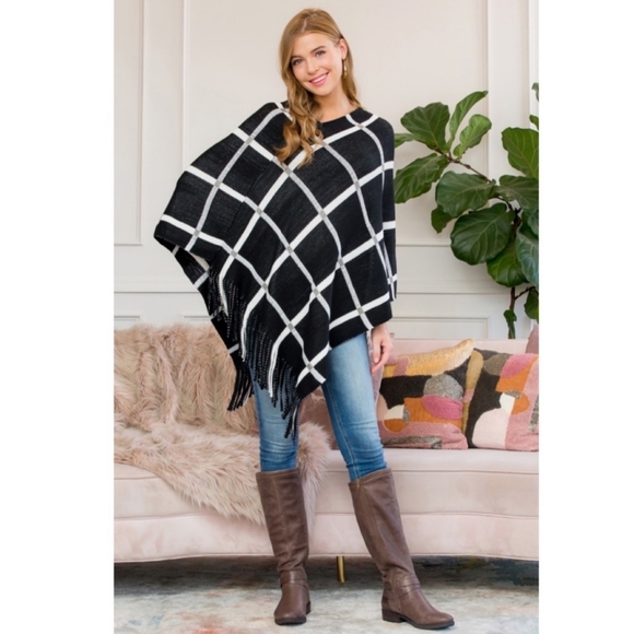 10. Black & White Striped Knit Fringe Poncho - Picture 2 of 2